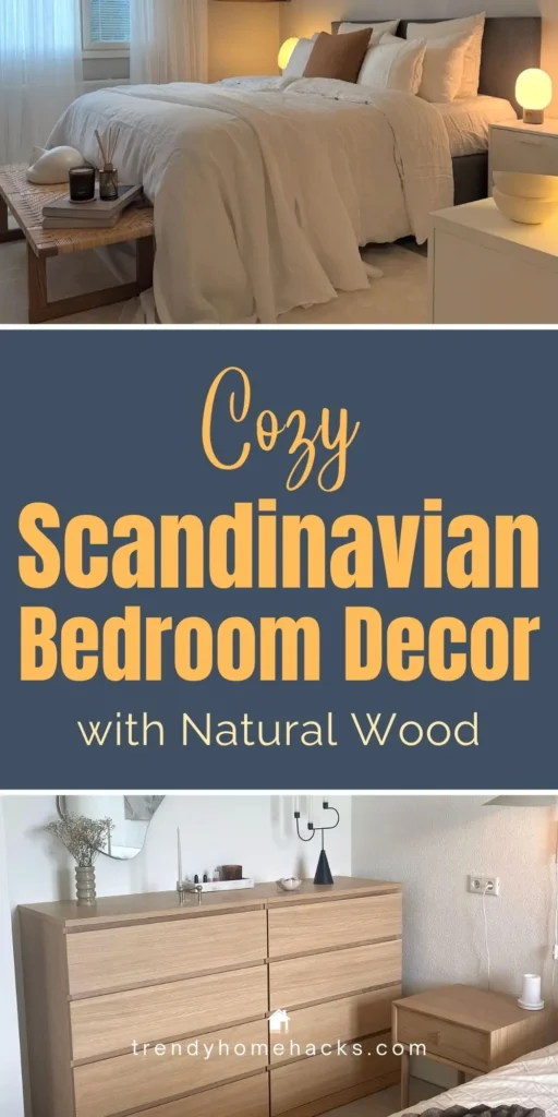 Scandinavian bedroom with natural wood furniture, soft neutral bedding, and warm minimalist decor creating a cozy Nordic atmosphere.