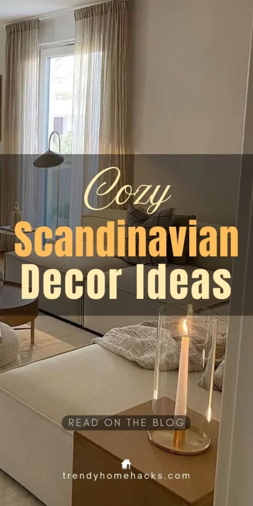 Cozy Scandinavian interior with neutral decor, soft textiles, minimal furniture, natural light, and warm candle accents creating a calm and inviting living space.