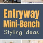 Entryway mini-bench styled with pillows, baskets, greenery, and cozy decor to inspire small entryway decorating ideas.