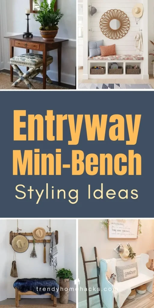 Entryway mini-bench styled with pillows, baskets, greenery, and cozy decor to inspire small entryway decorating ideas.
