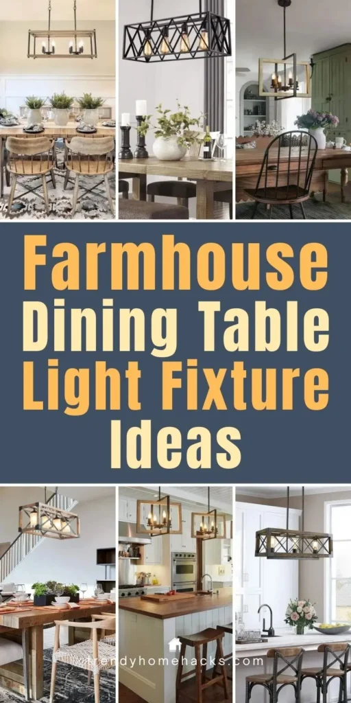 Farmhouse dining table light fixture ideas featuring rustic wood and metal chandeliers over dining tables and kitchen islands