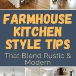Collage pin featuring rustic and modern farmhouse kitchen designs with wood accents, white cabinetry, and cozy farmhouse decor.