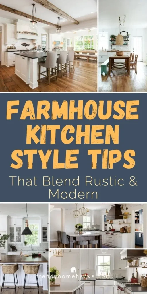 Collage pin featuring rustic and modern farmhouse kitchen designs with wood accents, white cabinetry, and cozy farmhouse decor.