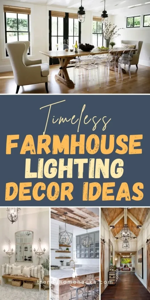 Farmhouse lighting decor ideas featuring rustic pendant lights, lantern-style fixtures, chandeliers, and warm lighting in farmhouse-style interiors.