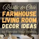 Bright farmhouse living room with vaulted ceiling, dark beams, chandelier, fireplace, built-in shelves, neutral furniture, and decorative accents including candles and flowers.