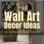 Gallery wall featuring a mix of modern and abstract framed artwork styled above a wooden bench, showcasing wall art decor ideas for refreshing a room.