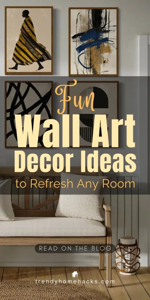 Gallery wall featuring a mix of modern and abstract framed artwork styled above a wooden bench, showcasing wall art decor ideas for refreshing a room.