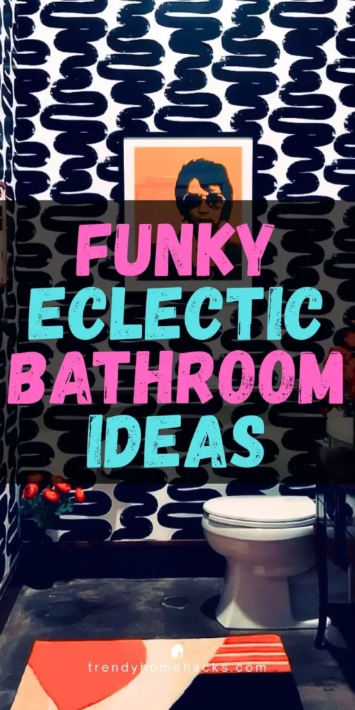Funky eclectic bathroom with bold wallpaper, graphic patterns, and expressive decor