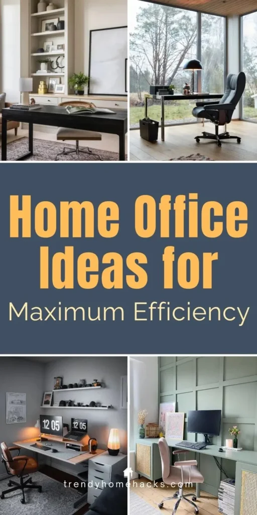 Collage pin showing home office ideas for maximum efficiency, featuring organized desks, ergonomic chairs, clean layouts, and well-lit workspaces designed for productivity.
