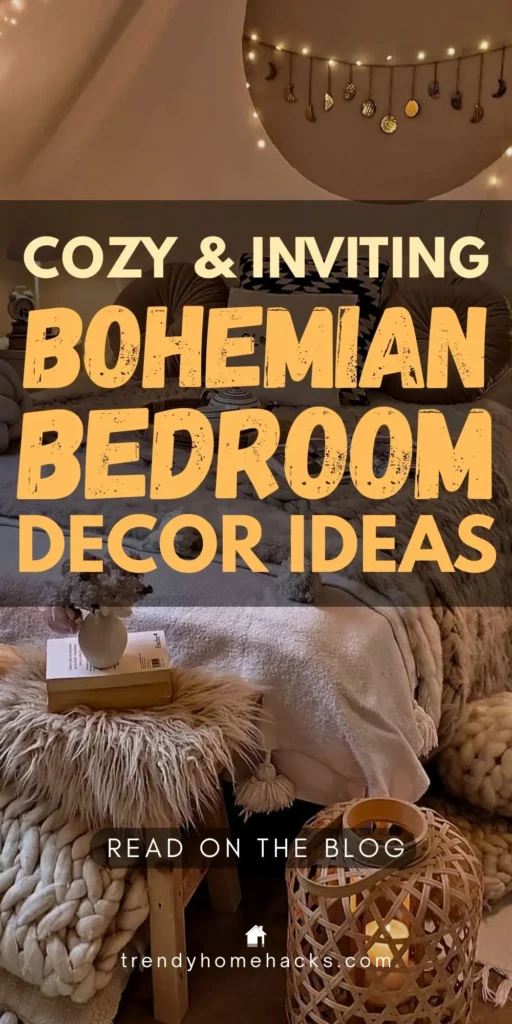 Cozy bohemian bedroom with layered blankets, warm lighting, natural textures, and soft decorative accents creating an inviting boho retreat.