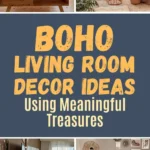 Boho living room decorated with natural textures, layered textiles, woven accents, and meaningful collected pieces for a cozy and curated bohemian look.