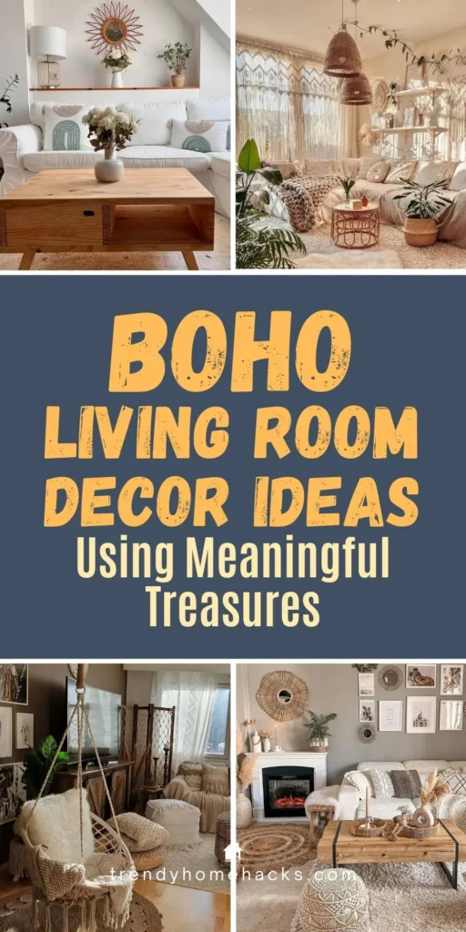 Boho living room decorated with natural textures, layered textiles, woven accents, and meaningful collected pieces for a cozy and curated bohemian look.