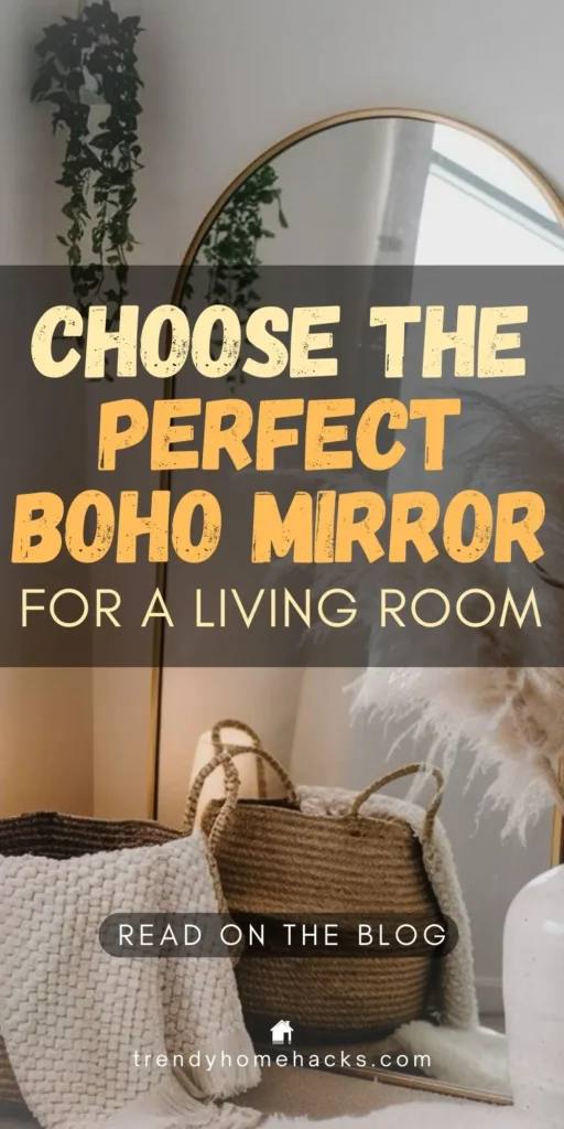 Boho-style living room corner featuring an arched mirror, woven baskets, textured throws, and natural decor elements.