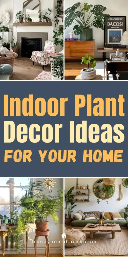 Collage pin showing indoor plant decor ideas for your home, featuring living rooms styled with potted plants, greenery on shelves, and natural textures for a fresh, inviting interior.