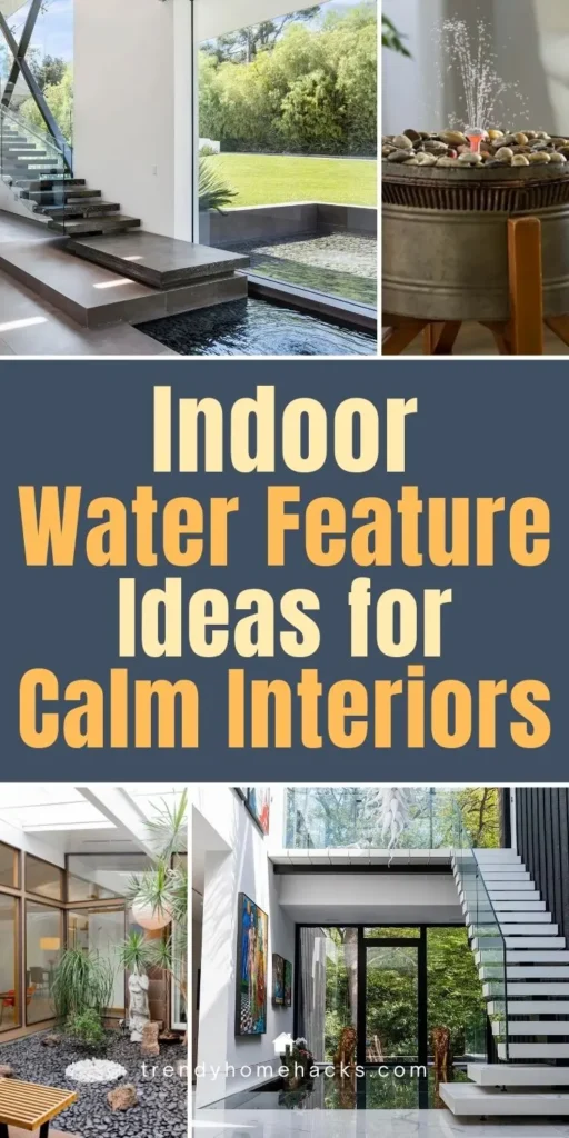 Indoor water feature ideas featuring modern interior fountains, water walls, and calming natural design elements