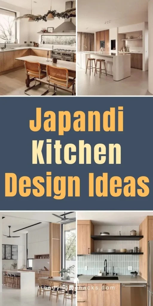 Japandi kitchen design with warm wood cabinets, neutral tones, and minimal modern styling