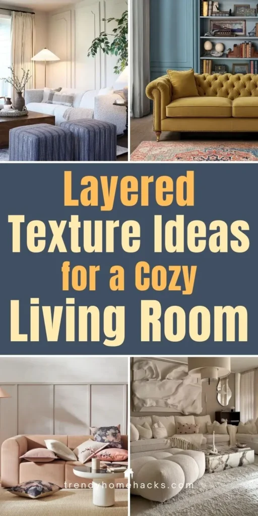 Layered texture ideas in a cozy living room with soft sofas, plush fabrics, mixed materials, and warm neutral tones