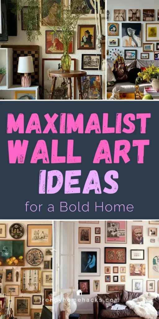 Maximalist wall art ideas featuring layered gallery walls, mixed frames, colorful artwork, and bold decor in an eclectic home interior.