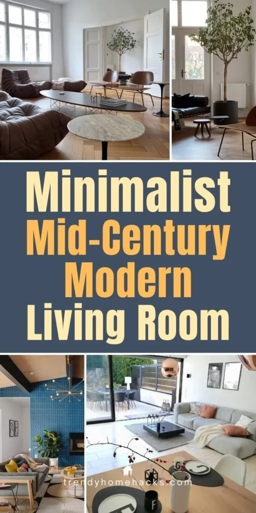 Minimalist mid-century modern living room with clean lines, warm wood tones, simple furniture, and a neutral color palette creating a calm and stylish space.