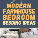 Collage of modern farmhouse bedroom bedding ideas featuring layered neutrals, textured quilts, cozy throws, and simple rustic bedding styling.