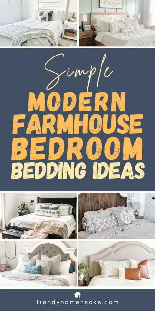 Collage of modern farmhouse bedroom bedding ideas featuring layered neutrals, textured quilts, cozy throws, and simple rustic bedding styling.