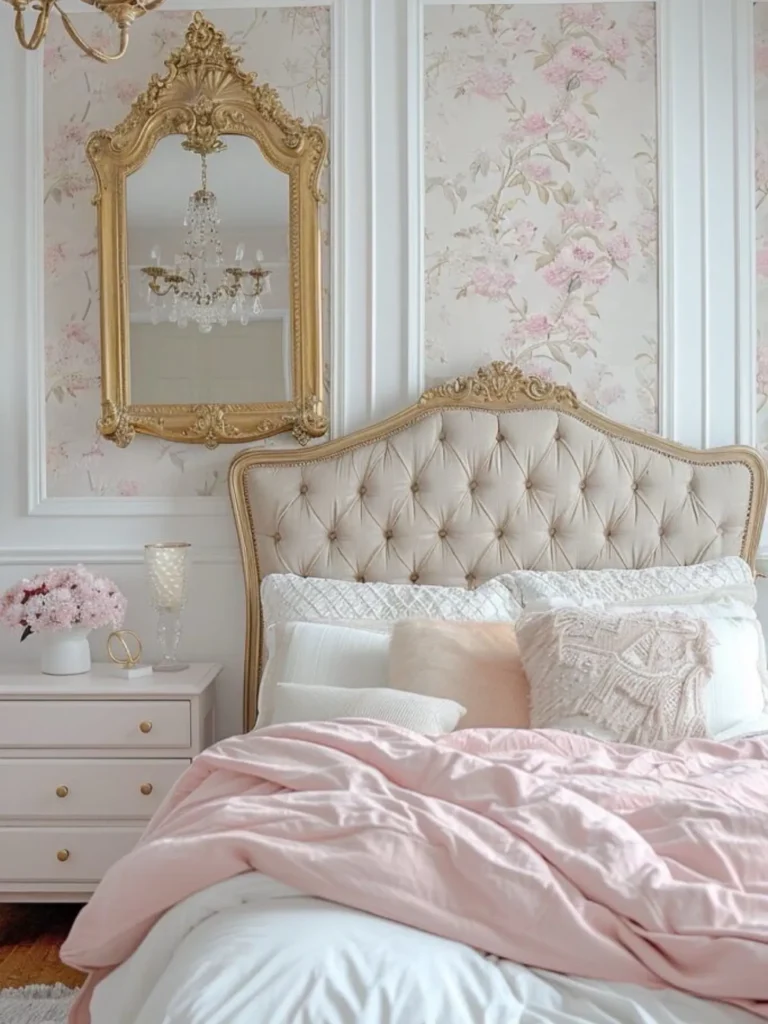A pink master bedroom with a tufted beige headboard, pale pink bedding, a vintage gold mirror, floral wallpaper, and a nightstand topped with a vase of pink flowers.