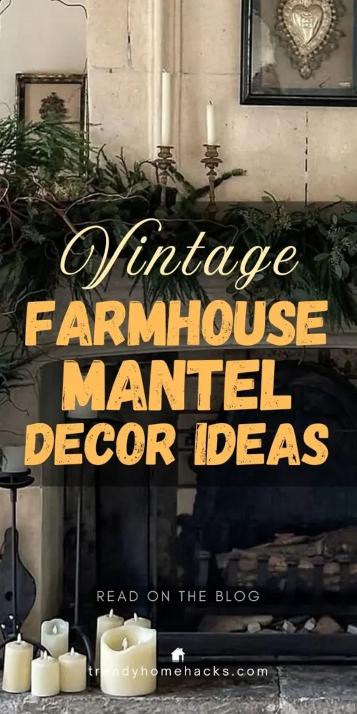 A stone fireplace decorated with greenery and candles, featuring vintage farmhouse charm with a framed heart artwork above the mantle and rustic wooden ceiling beams overhead.