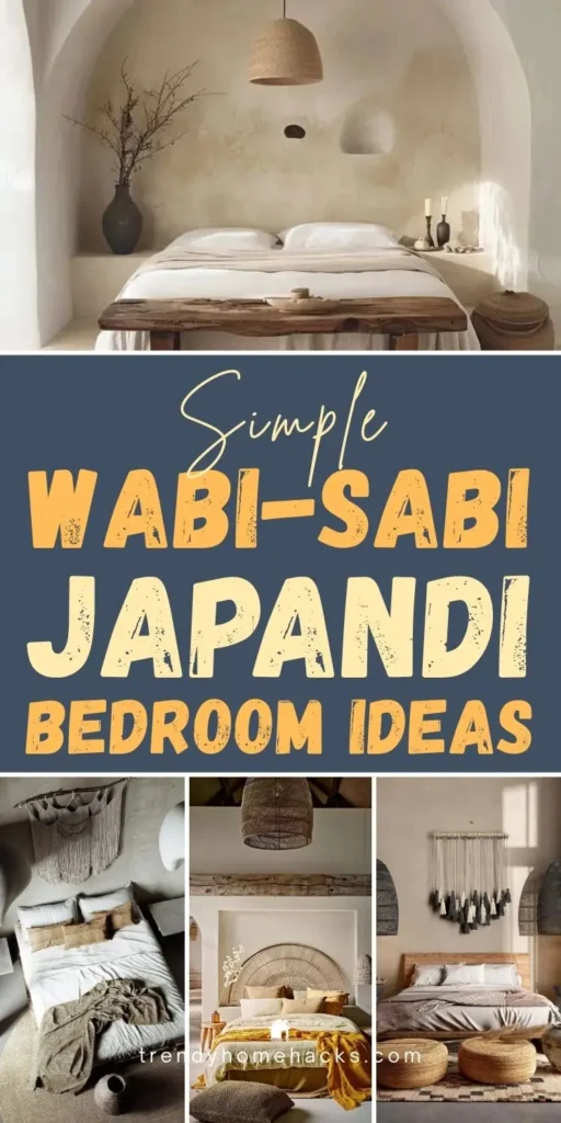 Wabi-sabi Japandi bedroom ideas featuring neutral bedding, natural wood furniture, earthy textures, soft lighting, and minimalist decor in a calm bedroom collage.