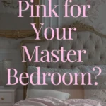 Elegant pink master bedroom with tufted headboard, soft pink bedding, and gold ornate mirror creating a romantic, serene atmosphere.