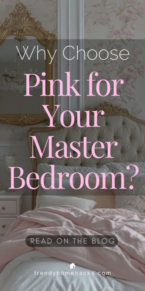 Elegant pink master bedroom with tufted headboard, soft pink bedding, and gold ornate mirror creating a romantic, serene atmosphere.