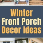 Winter front porch decorated with greenery, wreaths, and cozy seasonal accents on farmhouse-style front doors.