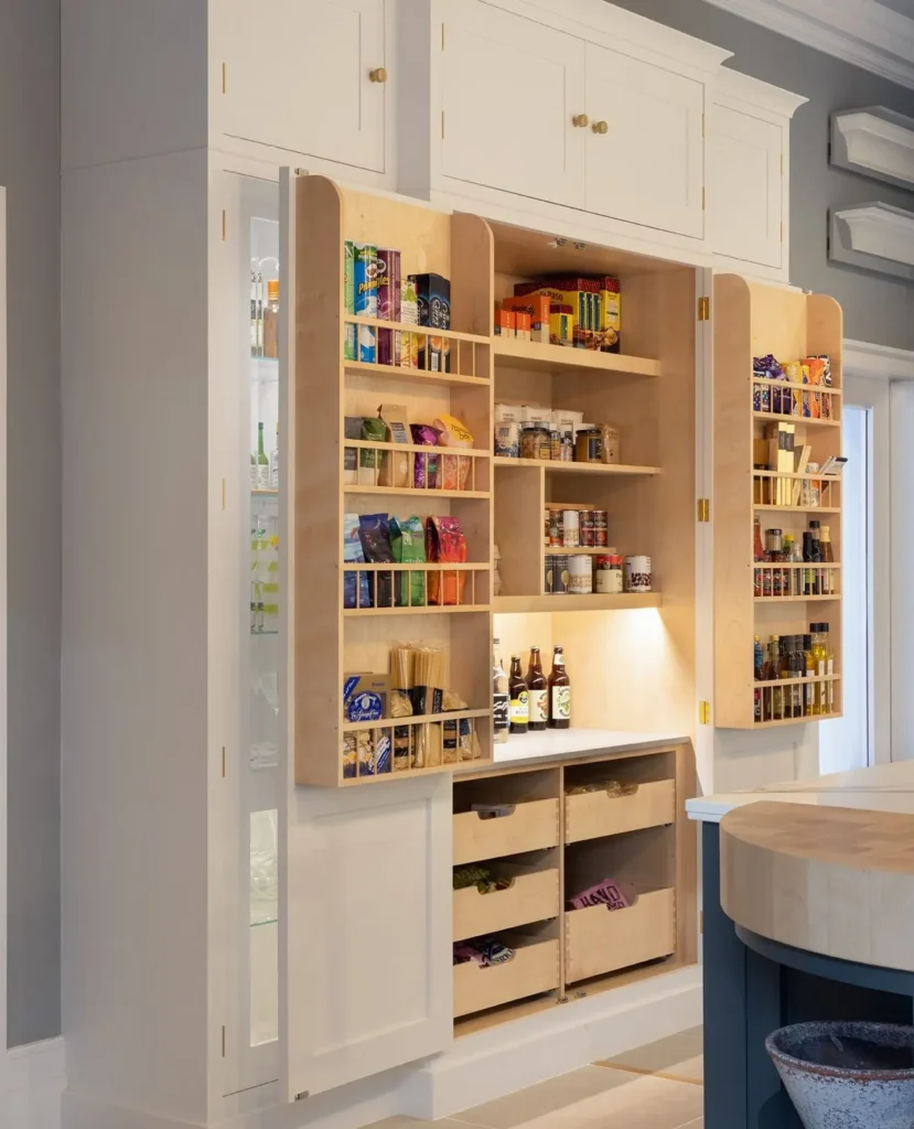 Open pantry cabinet with organized shelves and compartments stocked with food items, condiments, snacks, and beverages in a modern kitchen.