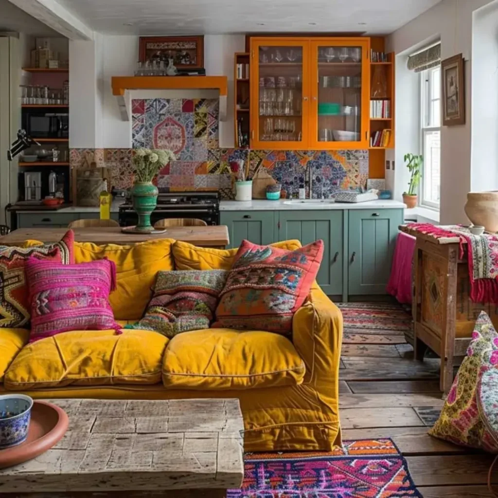 Colorful bohemian living room with a yellow sofa, patterned pillows, a wooden coffee table, and a tiled kitchen area with orange and green cabinets. Bright, eclectic decor brings vibrant energy to the space.