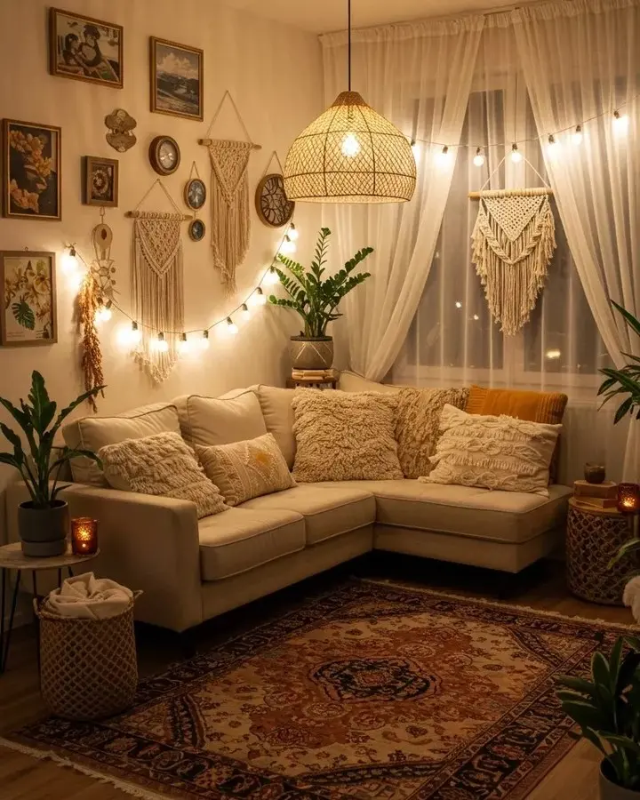Cozy bohemian living room with a beige sectional sofa, textured pillows, houseplants, wall art, woven decor, string lights, a patterned rug, personalized wall hanging accents, and soft, warm lighting by a window with sheer curtains.