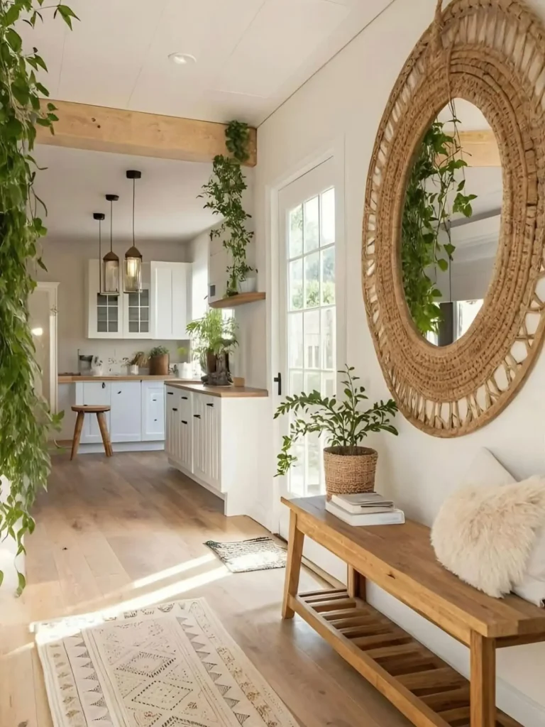 Bright entryway with a wooden bench, indoor plants, and a striking boho mirror. Enjoy the view into a white kitchen with open shelves and pendant lights.