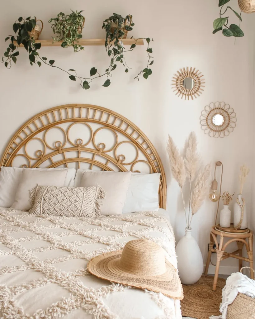 Bohemian-inspired bedroom with a rattan headboard, beige bedding, decorative pillows, a straw hat, pampas grass in vases, wall mirrors, and hanging plants on a shelf.