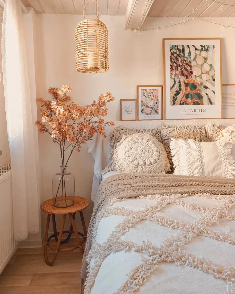 A cozy, bohemian bedroom features a bed with textured pillows and blankets, a small table with a vase of flowers, framed artwork on the wall, and a hanging woven lamp.