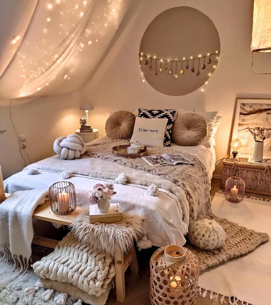 A cozy bohemian bedroom with warm lighting, fairy lights on the ceiling, fluffy pillows, a fur throw on the bed, and candles on the floor and bedside table create a soft, inviting atmosphere.