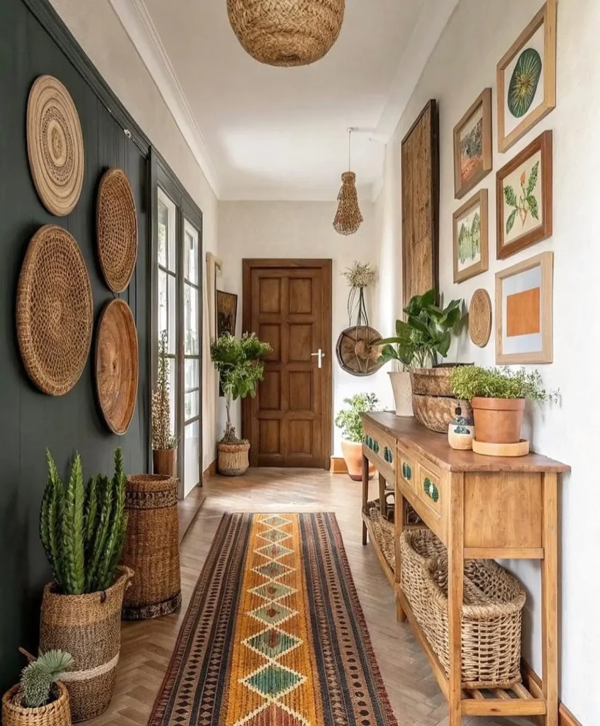 A bohemian entryway featuring a wooden door, woven baskets on the wall, framed artwork, potted plants, a runner rug, and a wooden console table with wicker baskets creates a warm and eclectic welcome.