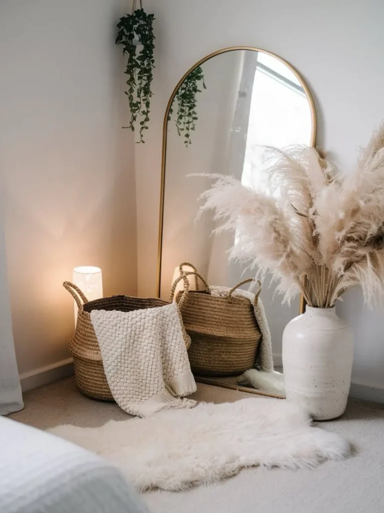 A large arched mirror stands behind woven baskets, a cream knit blanket, a lit lamp, and a white vase filled with pampas grass in a softly lit, boho-inspired minimalist room corner.