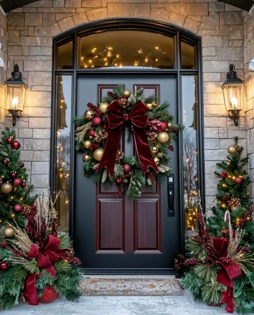 Christmas front porch decor ideas featuring a dark front door with a burgundy velvet bow wreath, matching greenery arrangements with gold and red ornaments, and symmetrical Christmas trees for an elegant holiday entry.