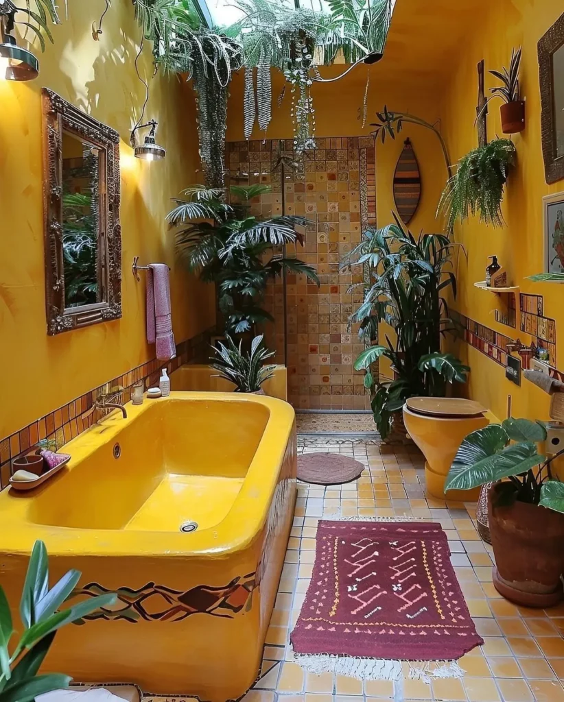 A vibrant yellow bathroom with eclectic accessories, a bathtub, tiled shower, indoor plants, a large mirror, and a skylight letting sunlight in. A red patterned rug lies on the tiled floor.