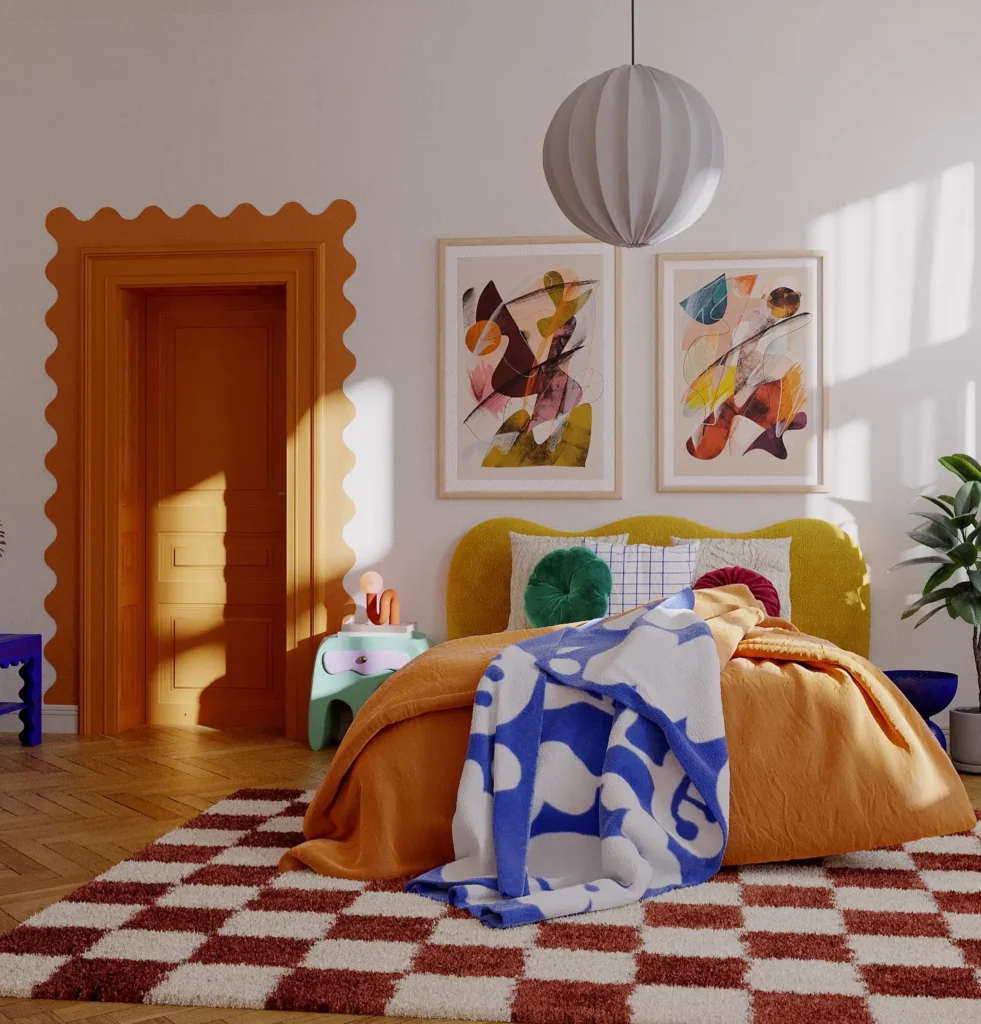 A colorful bedroom with eclectic accessories, an orange door, abstract art on the wall, a yellow bed with orange bedding, a blue and white blanket, a checkered rug, and a plant in the corner.