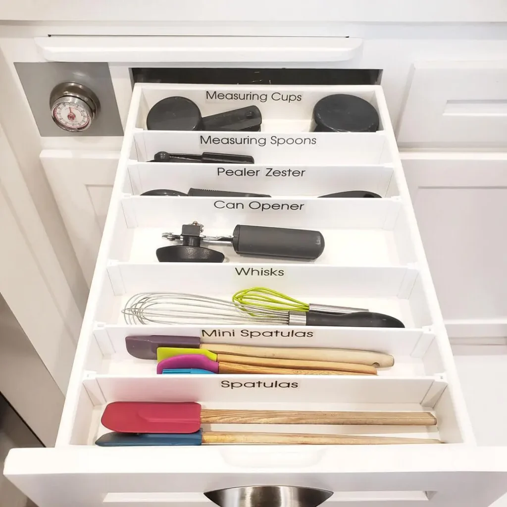 An organized kitchen drawer with labeled sections and kitchen drawer dividers keeps measuring cups, spoons, peeler zester, can opener, whisks, mini spatulas, and spatulas neatly arranged.