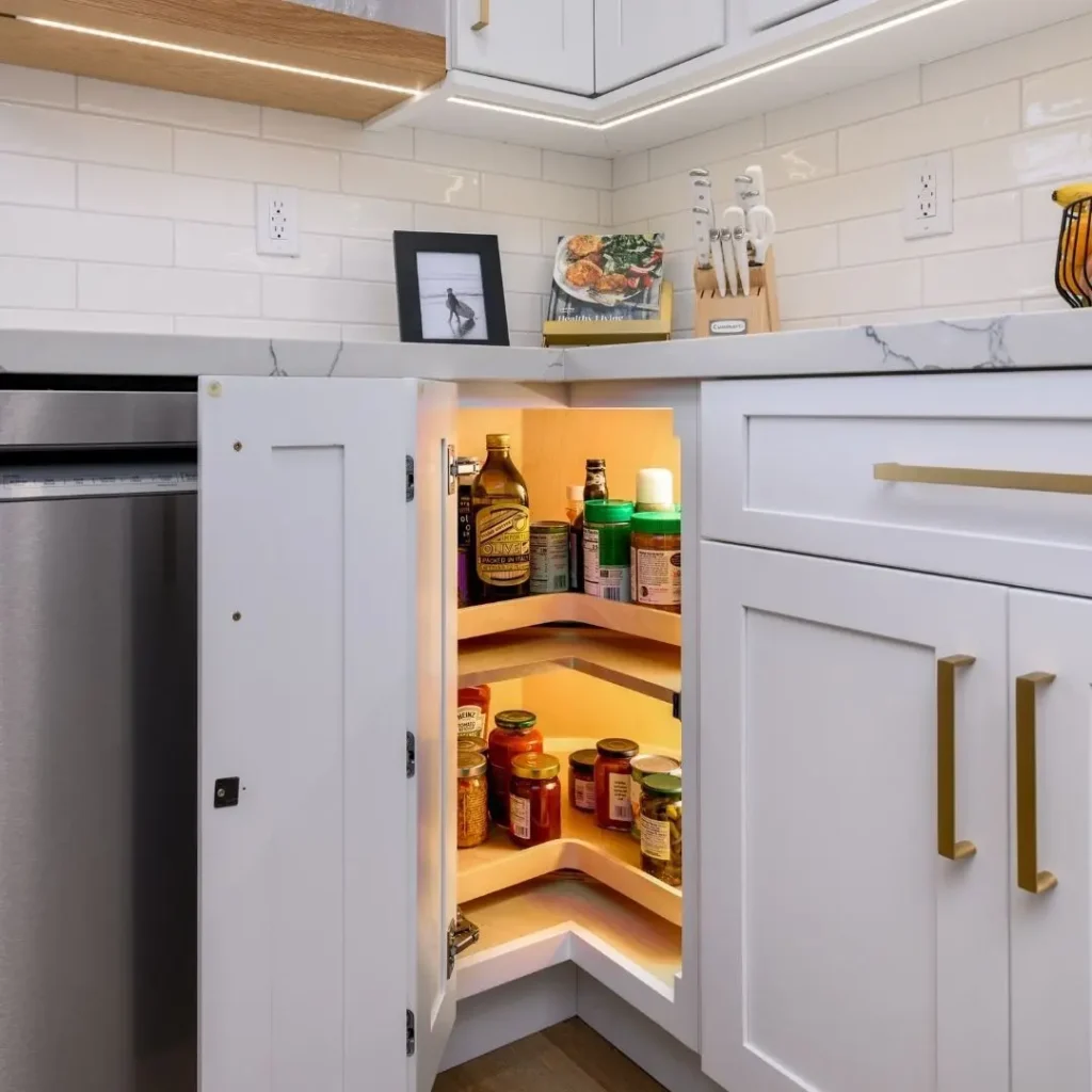 A kitchen corner cabinet with a lazy susan features two rotating shelves that hold jars, bottles, and cans. The illuminated shelves highlight the organized contents within the open cabinet.