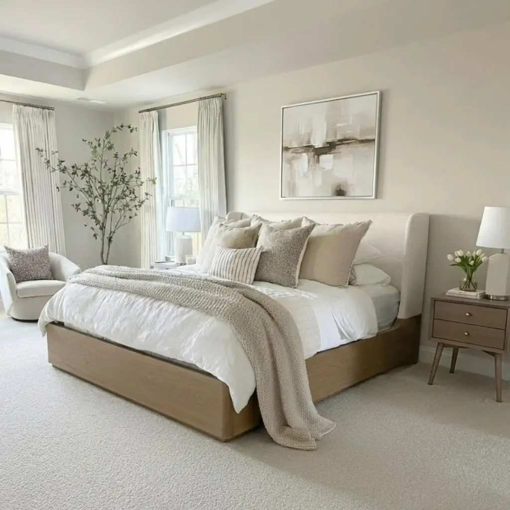 A modern minimalist bedroom with a large bed, neutral bedding, pillows, a wooden nightstand with flowers, an armchair by the window, and abstract artwork on the wall.