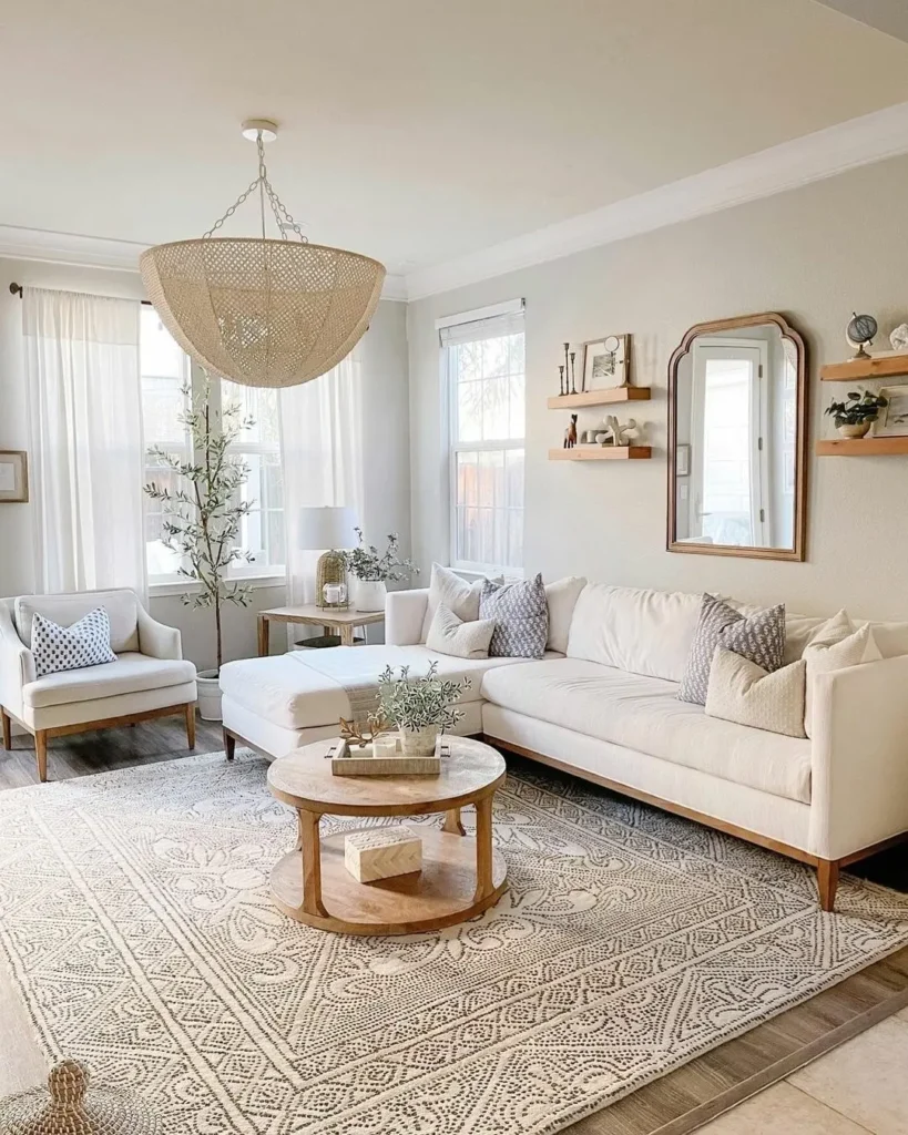 A bright, minimalist living room with a white sofa, armchair, patterned rug, round wooden coffee table, wall shelves, and a large woven chandelier. Light streams in from several windows.