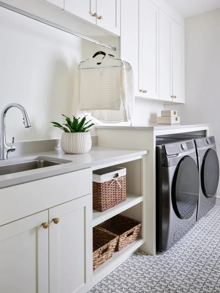 Modern farmhouse laundry room with white cabinets, a built-in sink, front-loading washer and dryer, woven baskets on shelves, a potted plant, and a white sweater hanging to dry.