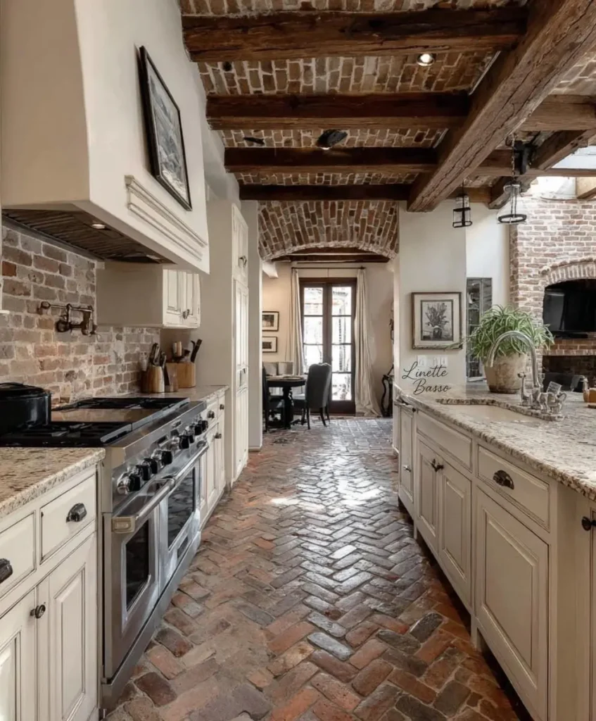 A rustic kitchen with exposed brick walls, wooden ceiling beams, herringbone brick flooring, white cabinets, and a stainless steel stove creates a cozy rustic charm, leading to a dining area filled with natural light.