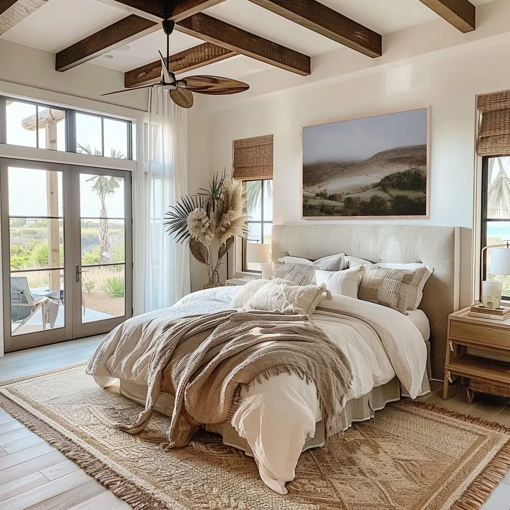 A sunlit, wabi sabi inspired bedroom with a large bed, neutral bedding, wooden accents, woven rug, and windows overlooking a patio with palm trees.